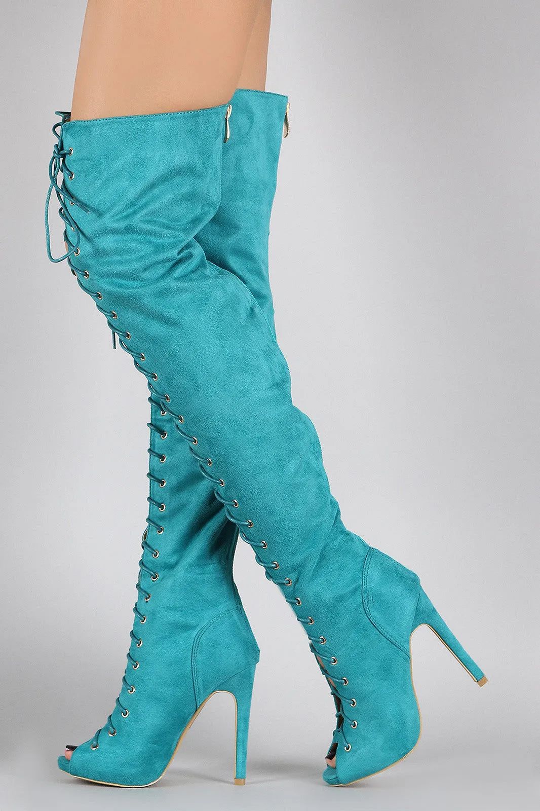 Suede Peep Toe Lace Up Stiletto Over-The-Knee Boots