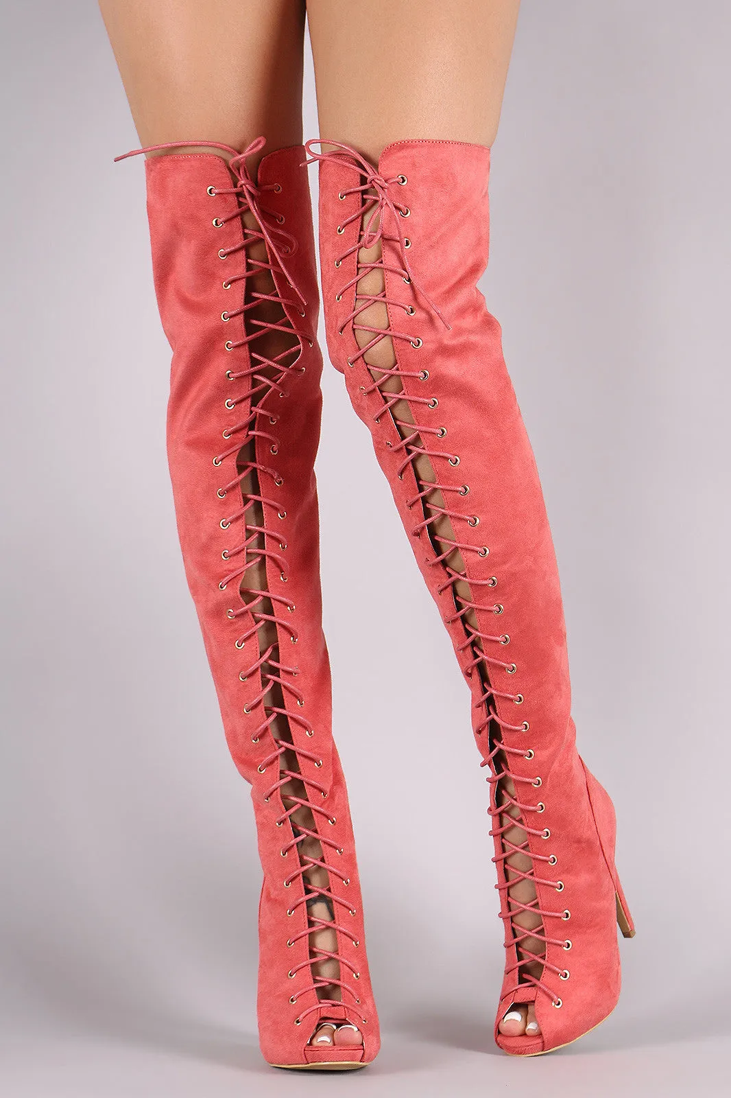 Suede Peep Toe Lace Up Stiletto Over-The-Knee Boots