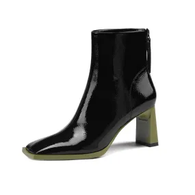 TinaCus Patent Leather Women's Handmade Back Zip Up Classic Square Toe Chunky Heel Glossy Ankle Booties