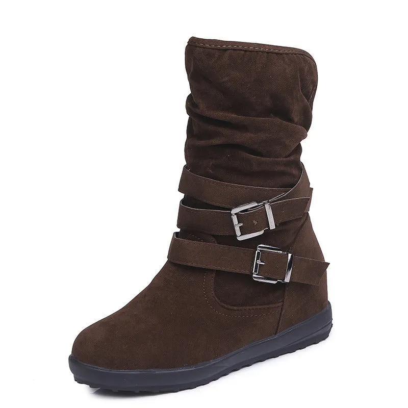 Trendy Belt Buckle Snow Boots Calf High