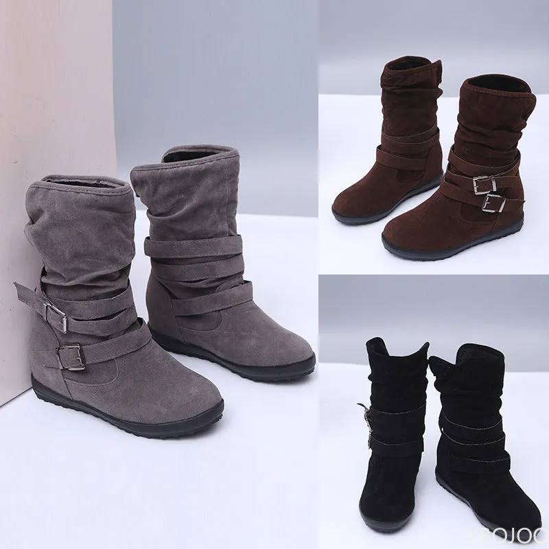 Trendy Belt Buckle Snow Boots Calf High