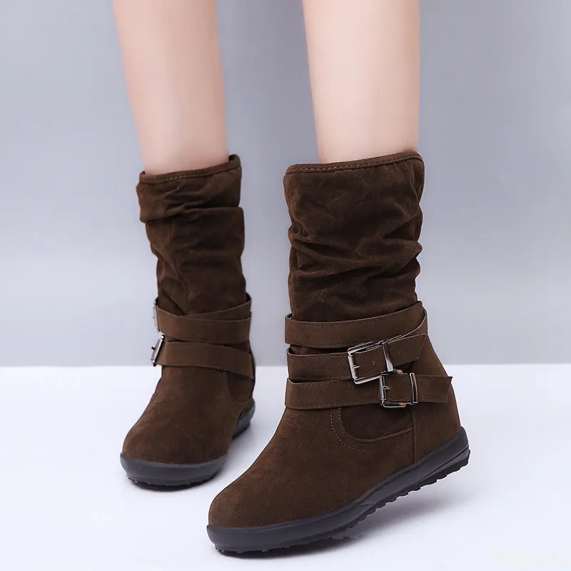 Trendy Belt Buckle Snow Boots Calf High