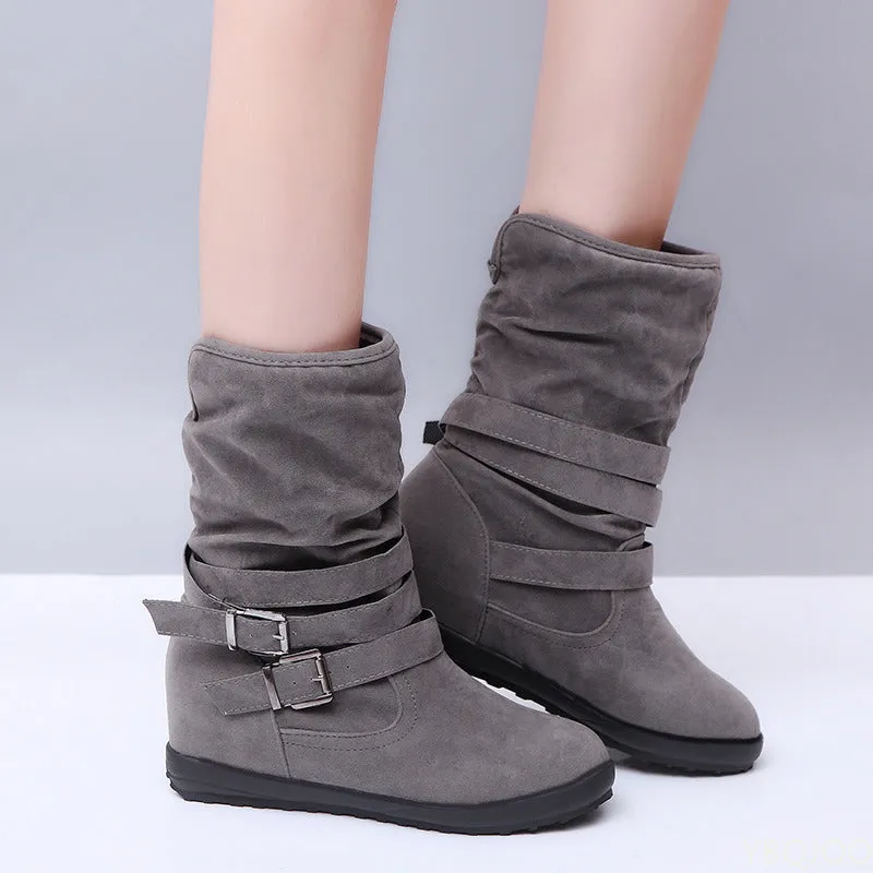 Trendy Belt Buckle Snow Boots Calf High