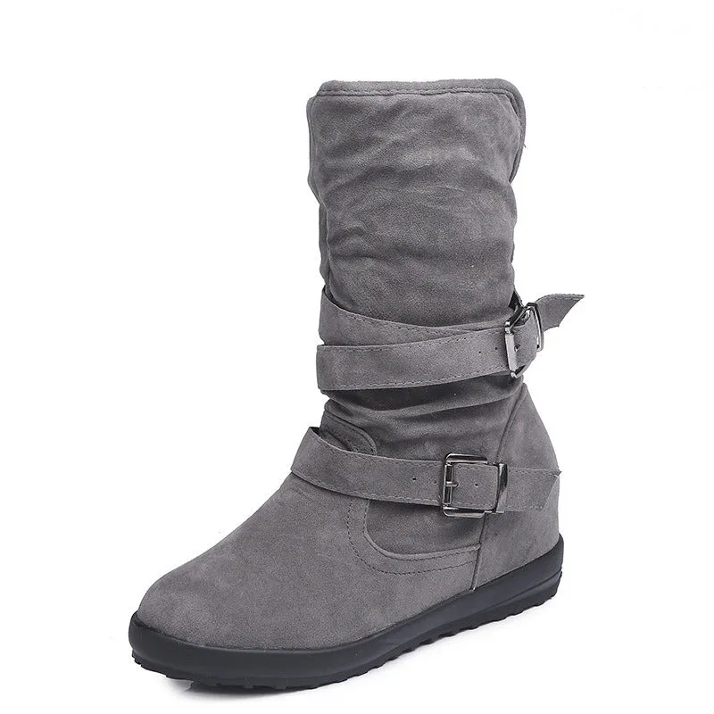 Trendy Belt Buckle Snow Boots Calf High