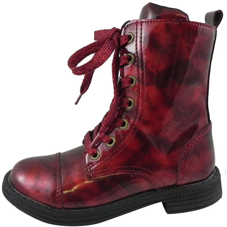 Umi Girl's Stomp Patent Leather Lace Up Zipper Closure Ankle Combat Boots Cherry