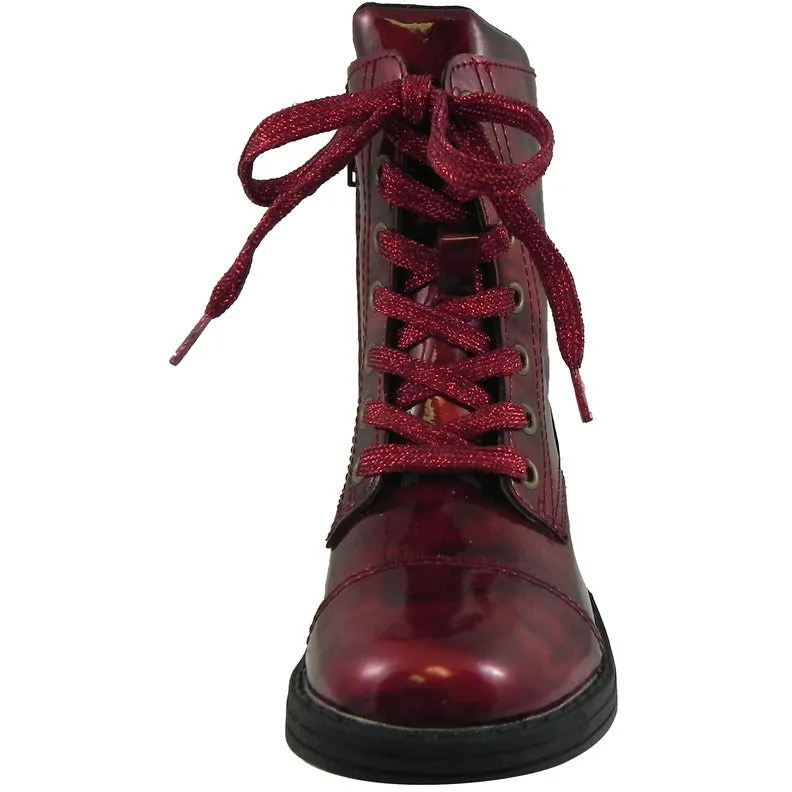 Umi Girl's Stomp Patent Leather Lace Up Zipper Closure Ankle Combat Boots Cherry