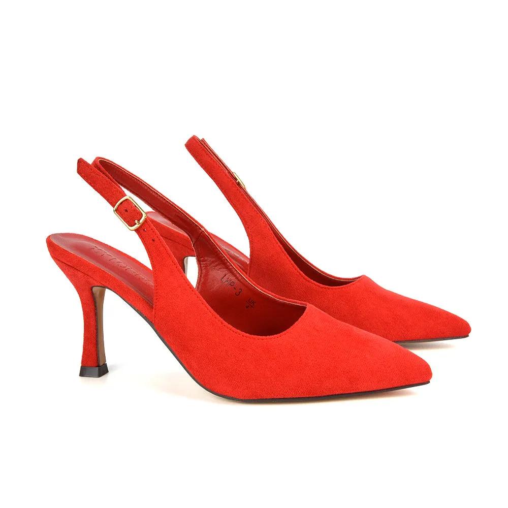 Valerie Stiletto High Heel Closed Toe Slingback Court Shoes in Red Faux Suede