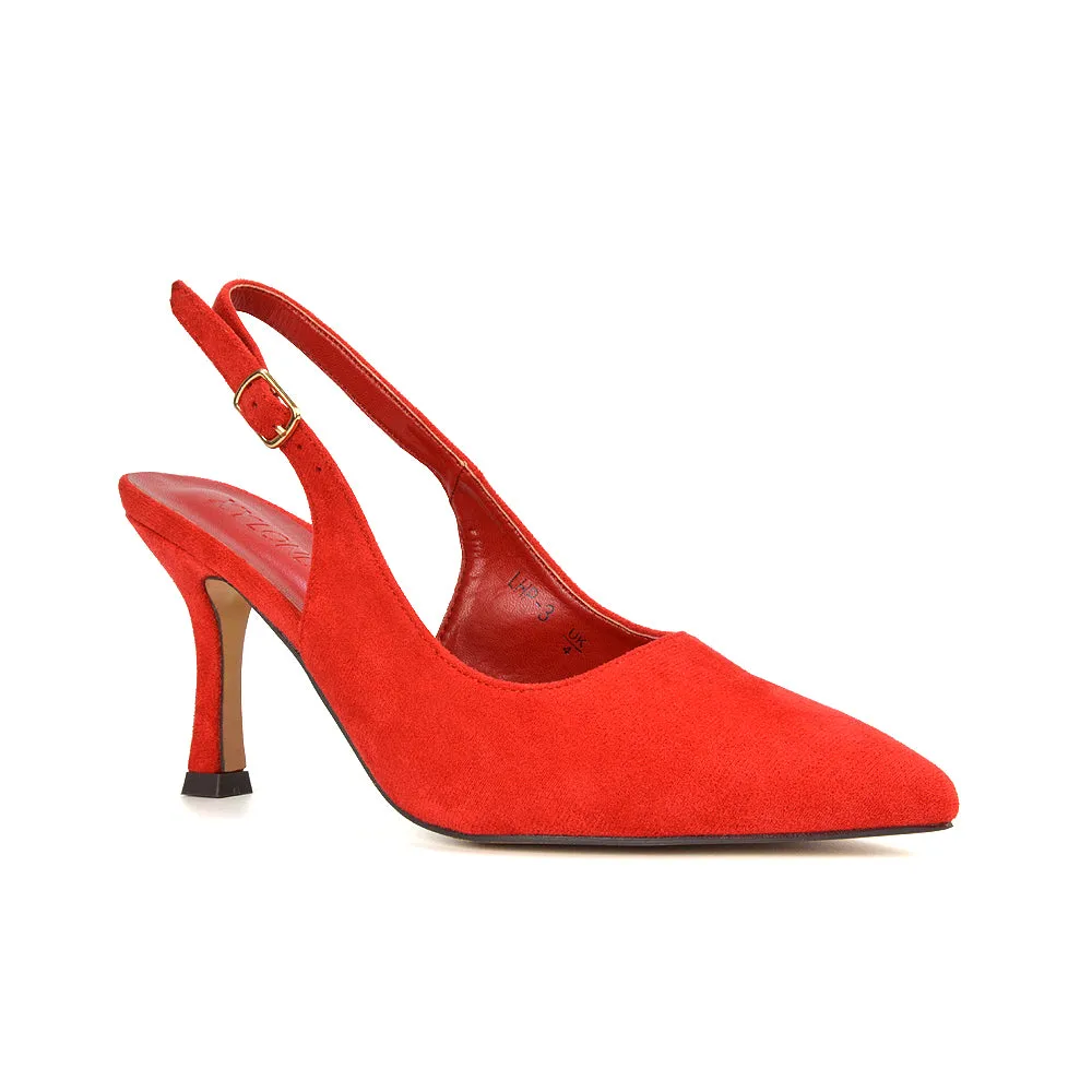 Valerie Stiletto High Heel Closed Toe Slingback Court Shoes in Red Faux Suede