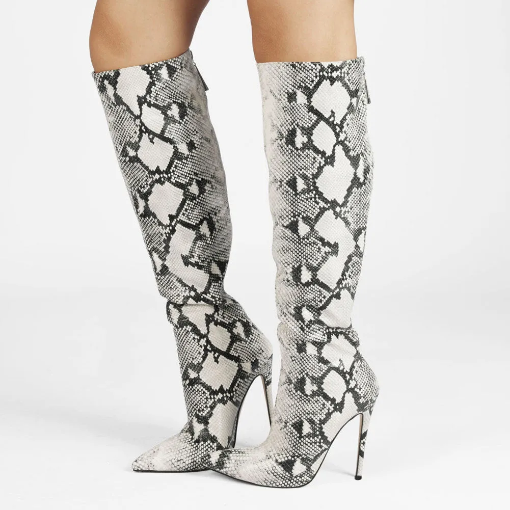 Woman Snakeskin 12cm Stiletto High Heels Pointed-toe Knee-high Long Boots