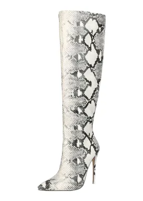 Woman Snakeskin 12cm Stiletto High Heels Pointed-toe Knee-high Long Boots