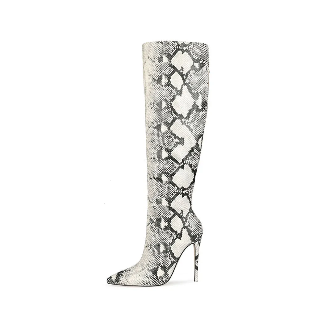 Woman Snakeskin 12cm Stiletto High Heels Pointed-toe Knee-high Long Boots