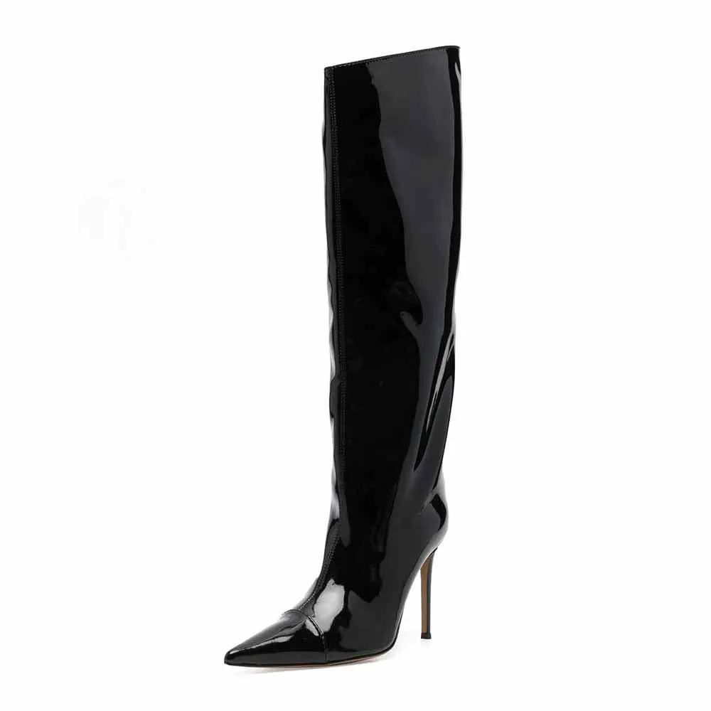 Women pearlite layer pointed toe over knee heeled boots