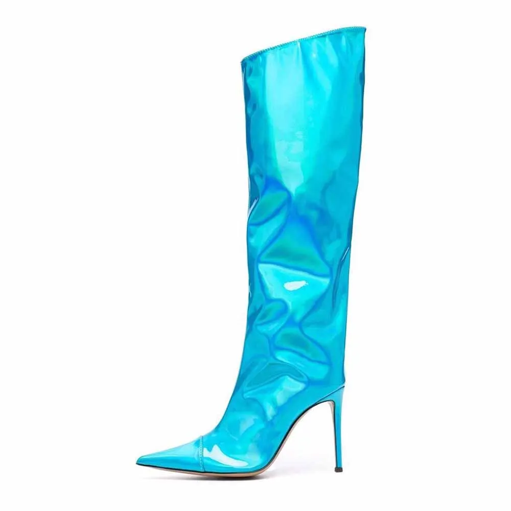 Women pearlite layer pointed toe over knee heeled boots