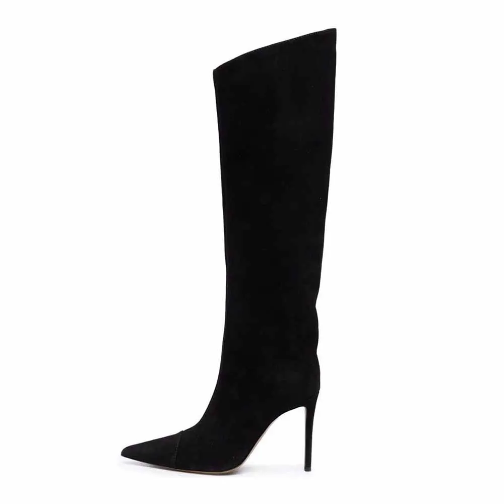 Women pearlite layer pointed toe over knee heeled boots