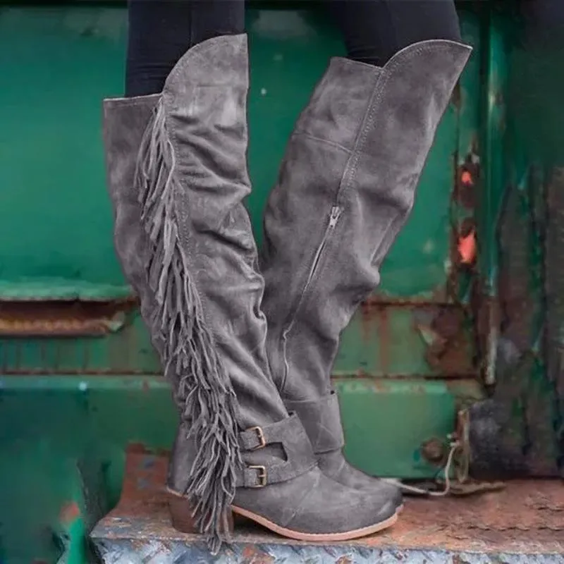 Women's knee high fringe boots suede long tassels boots