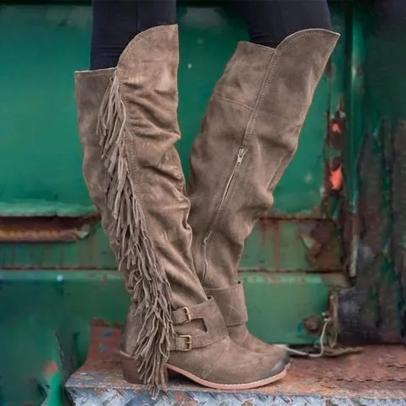 Women's knee high fringe boots suede long tassels boots