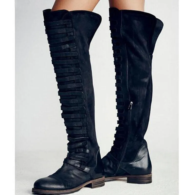 Women's over the knee boots with zipper low heel long boots