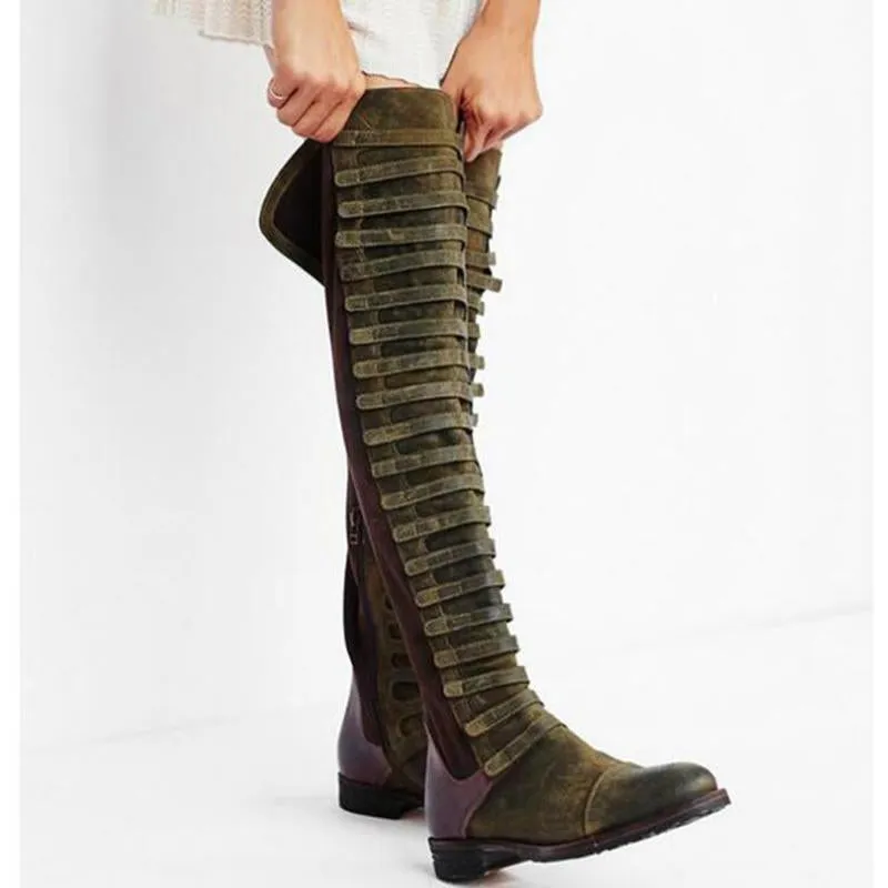 Women's over the knee boots with zipper low heel long boots