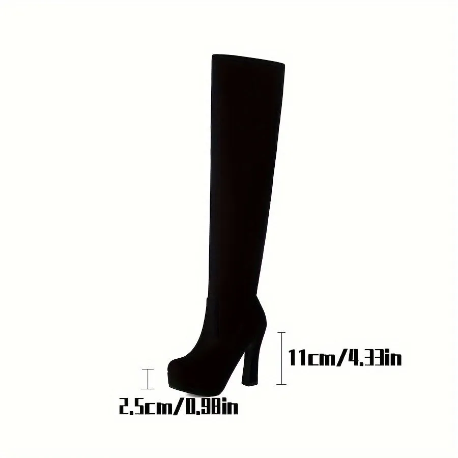 Women's Solid Color Block Heeled Boots, Fashion Slip On Over The Knee Boots, Women's Comfortable Boots