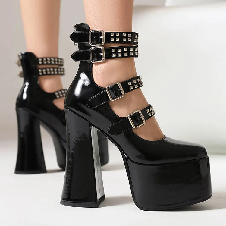 Women's Square Toe Rivets Buckle Straps Block Heel Mary Jane Platform Pumps