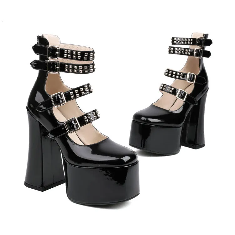 Women's Square Toe Rivets Buckle Straps Block Heel Mary Jane Platform Pumps