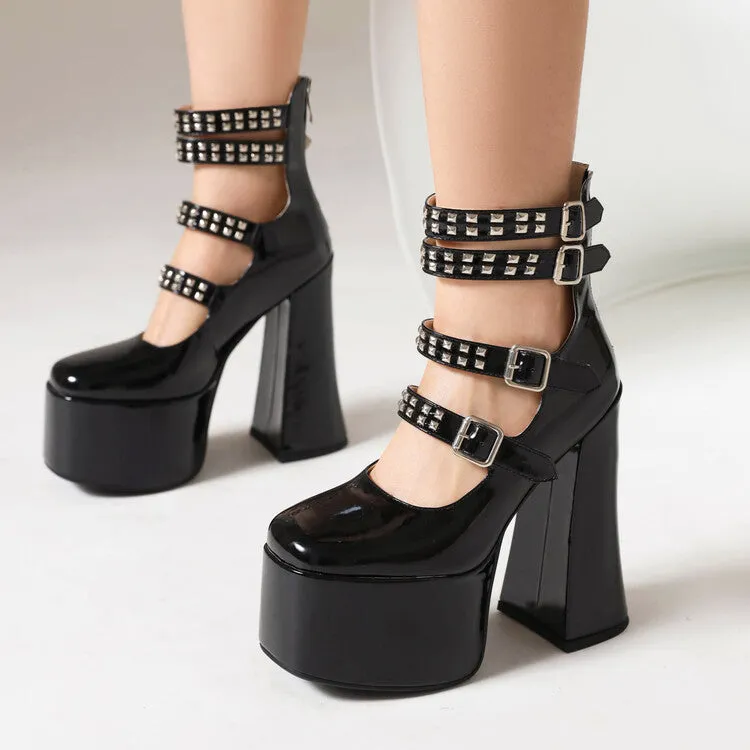 Women's Square Toe Rivets Buckle Straps Block Heel Mary Jane Platform Pumps